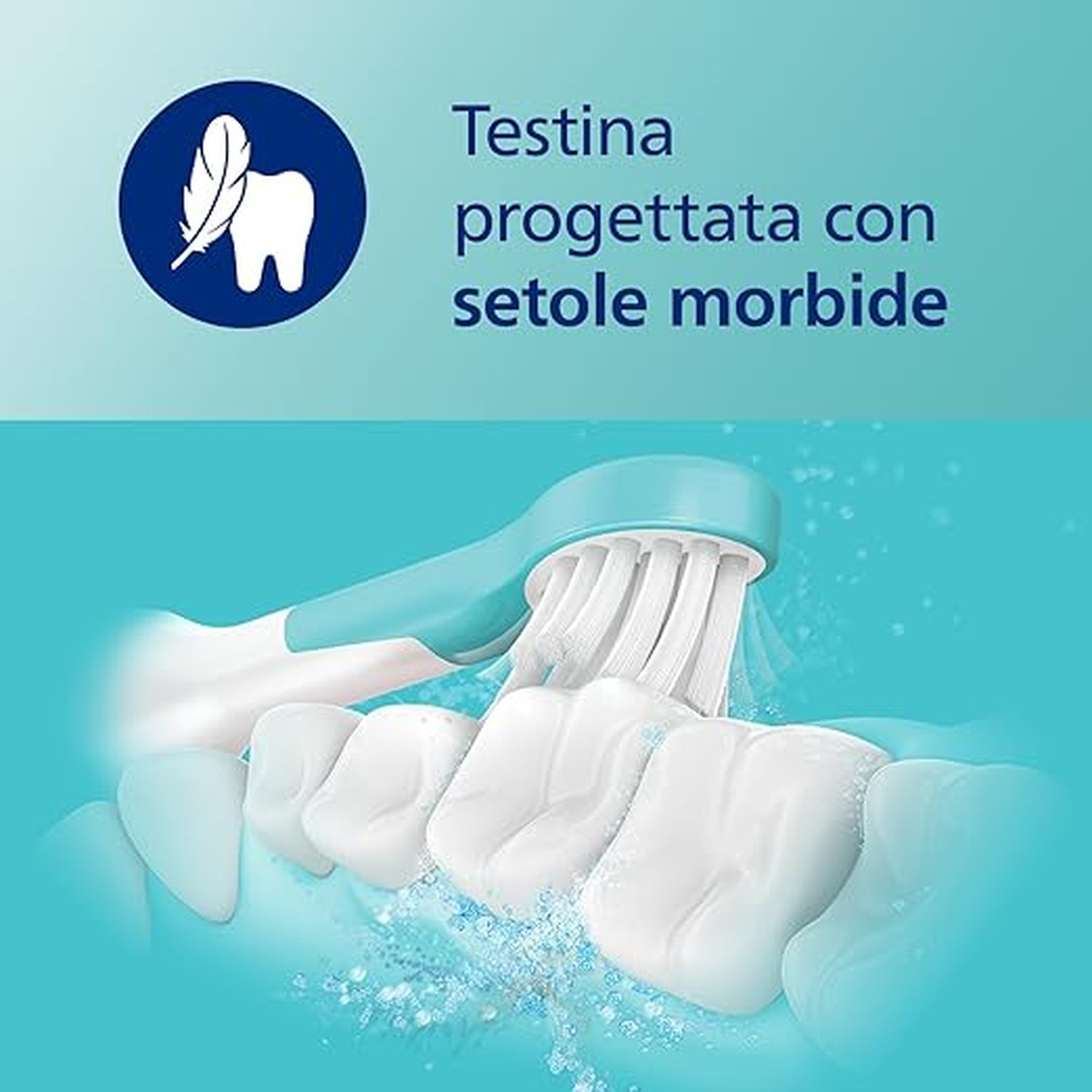 Uno spazzolino pulisce i denti, mostrando denti bianchi spazzolati con uno spazzolino blu e bianco. Testo in italiano.