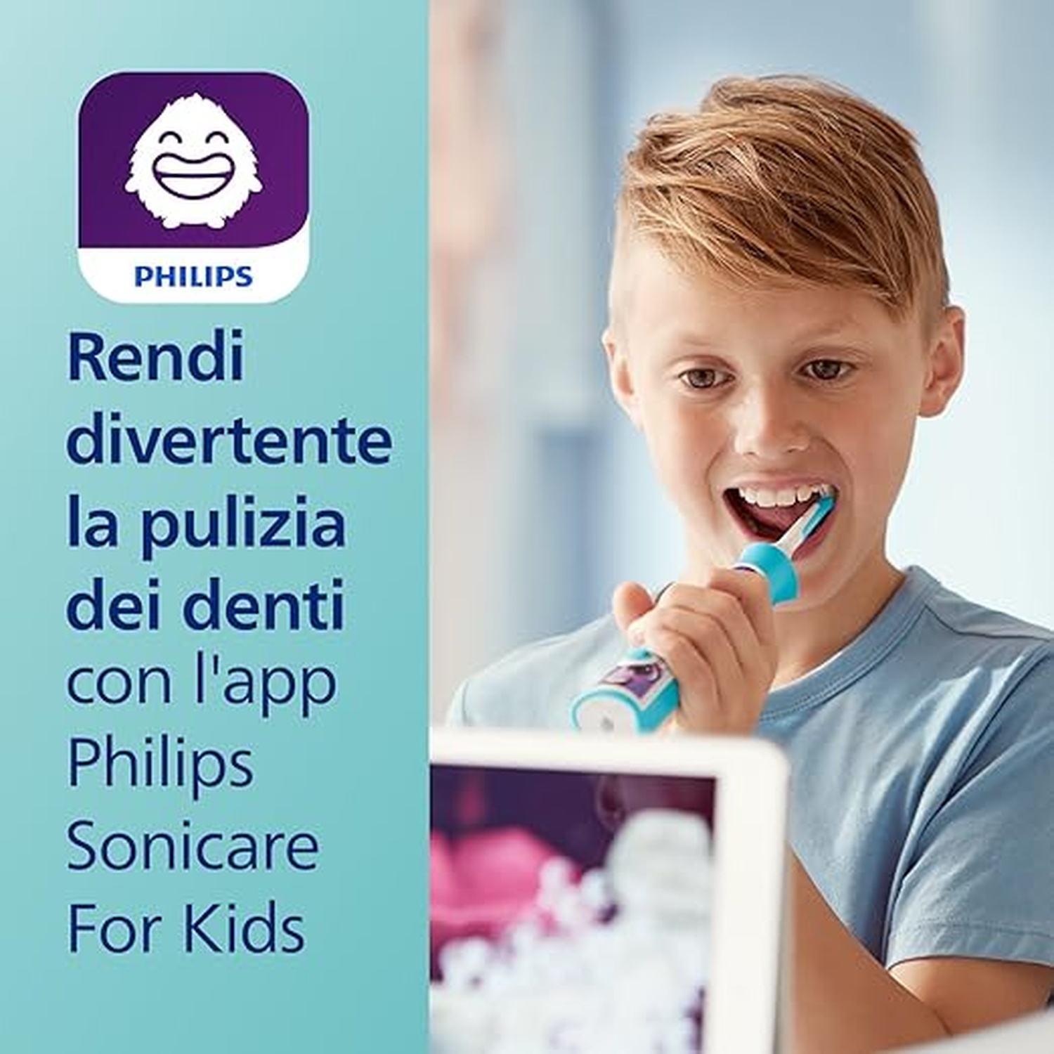 Un ragazzo si lava i denti con uno spazzolino Philips Sonicare, sorridendo. Testo: 'Rendi divertente la pulizia dei denti con l'app...'