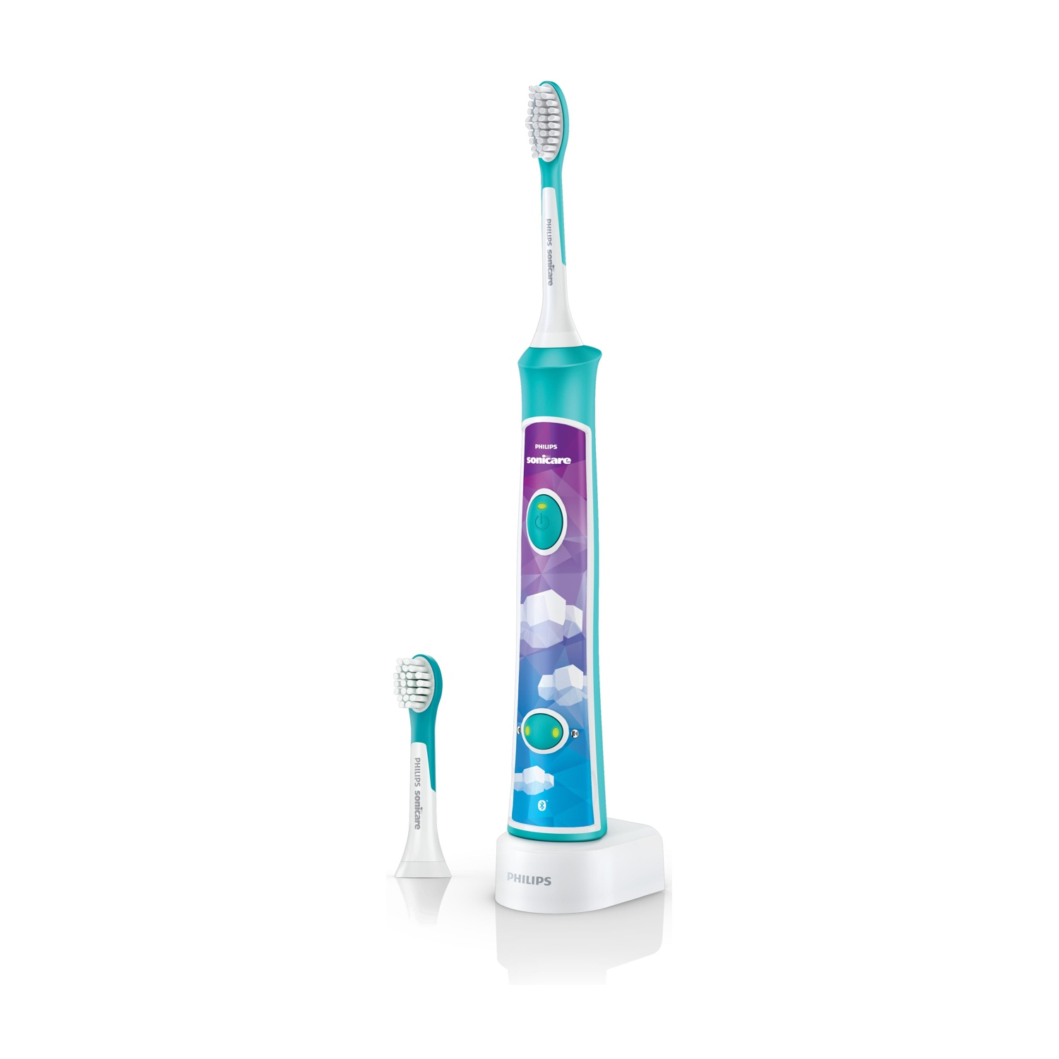 Uno spazzolino elettrico Philips Sonicare con testina di ricambio e base di ricarica. Lo spazzolino è turchese con dettagli viola e nuvole.