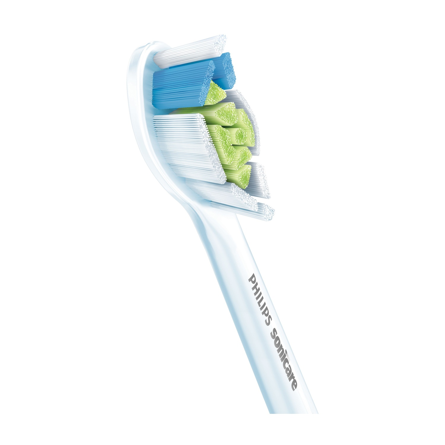 Primo piano di una testina per spazzolino Philips Sonicare. Ha setole bianche, blu e verdi. Il manico è bianco con il nome del marchio.