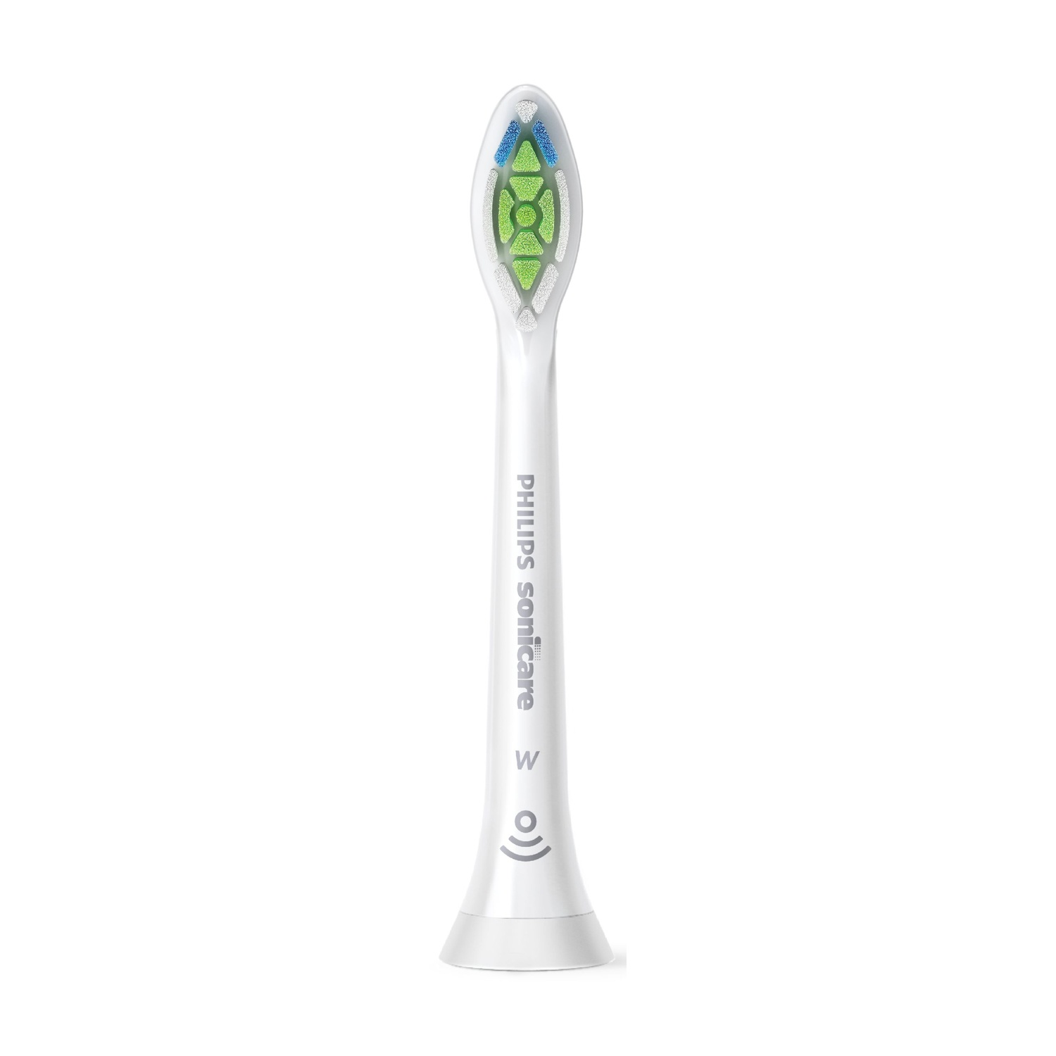 Una testina per spazzolino Philips Sonicare bianca. Le setole sono verdi, blu e bianche. Il manico ha il marchio e la W.
