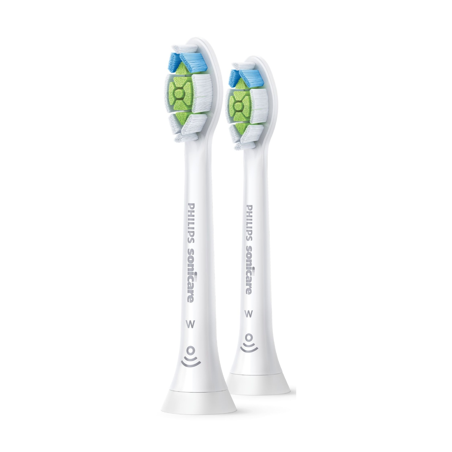 Due testine per spazzolino Philips Sonicare bianche. Ognuna ha setole blu e verdi. Lo sfondo è bianco.