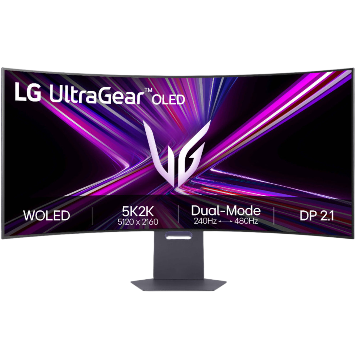 Moniteur incurvé LG UltraGear OLED. L'écran affiche des lignes abstraites violettes et blanches. Les spécifications incluent 5K2K, Dual-Mode et DP 2.1.