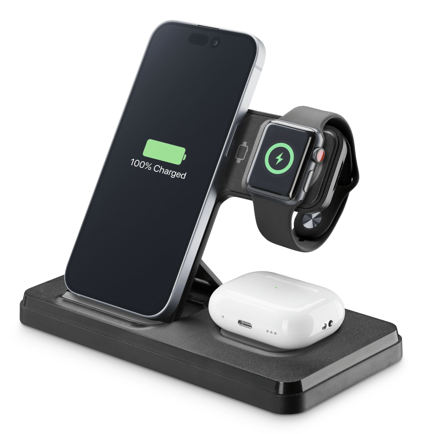 Una estación de carga con un teléfono que muestra 100% cargado, un reloj inteligente con un icono de carga y auriculares blancos. Todos los dispositivos son negros.