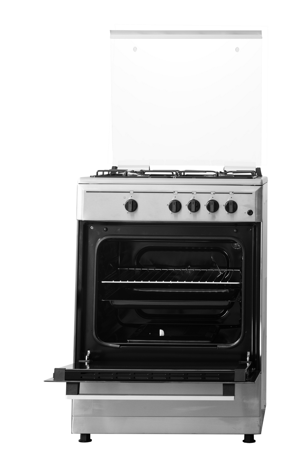 Un horno de acero inoxidable con la puerta abierta. El interior es negro, con rejillas visibles. La parte superior tiene quemadores y perillas.