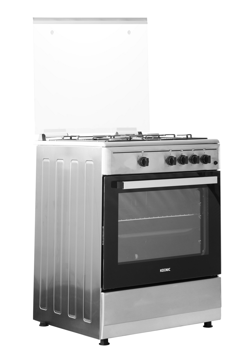Un horno independiente de acero inoxidable con puerta de vidrio y tapa de vidrio abierta. Perillas y quemadores visibles.