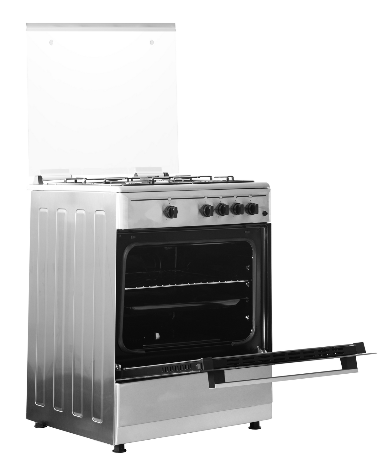 Una cocina de gas plateada con la puerta abierta. Perillas y quemadores en la parte superior, puerta del horno abierta, con tapa de cristal.