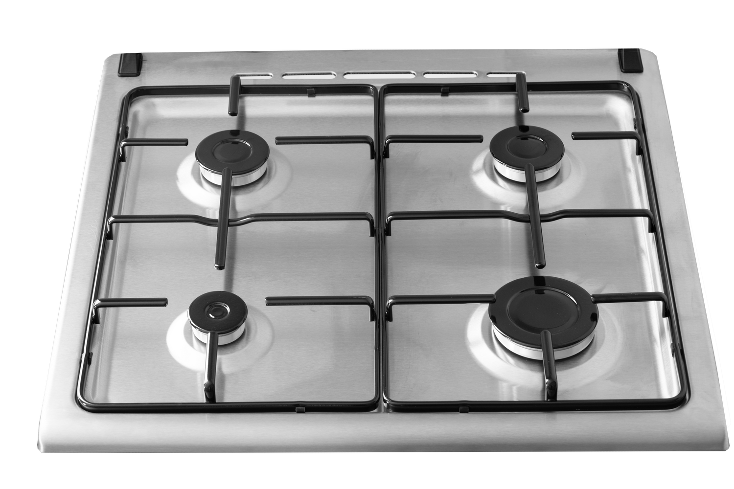 Una estufa de gas de acero inoxidable con cuatro quemadores negros. La estufa tiene rejillas negras y está sobre un fondo gris.