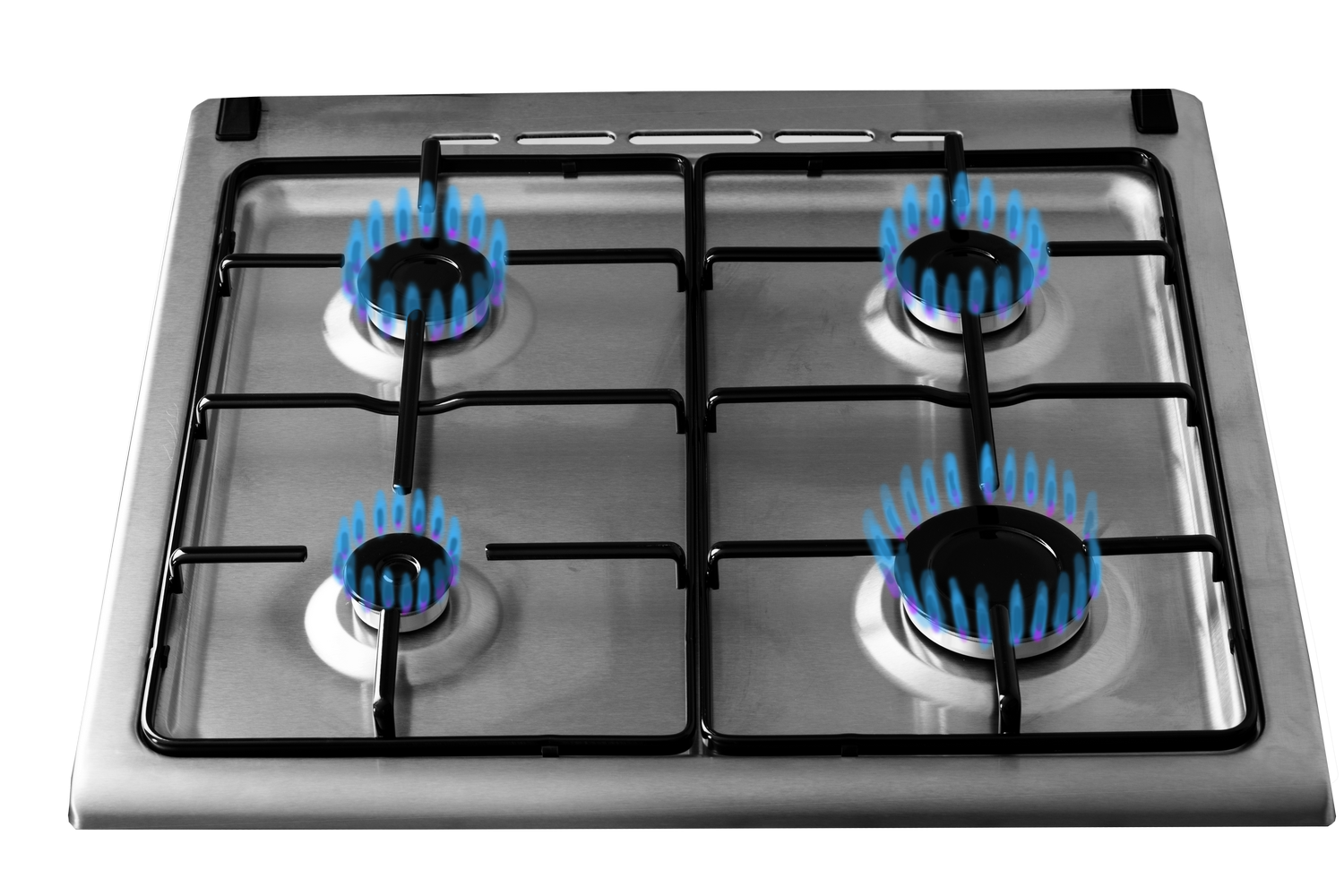 Una estufa de gas de acero inoxidable con cuatro quemadores, cada uno con llamas azules, sobre fondo gris.