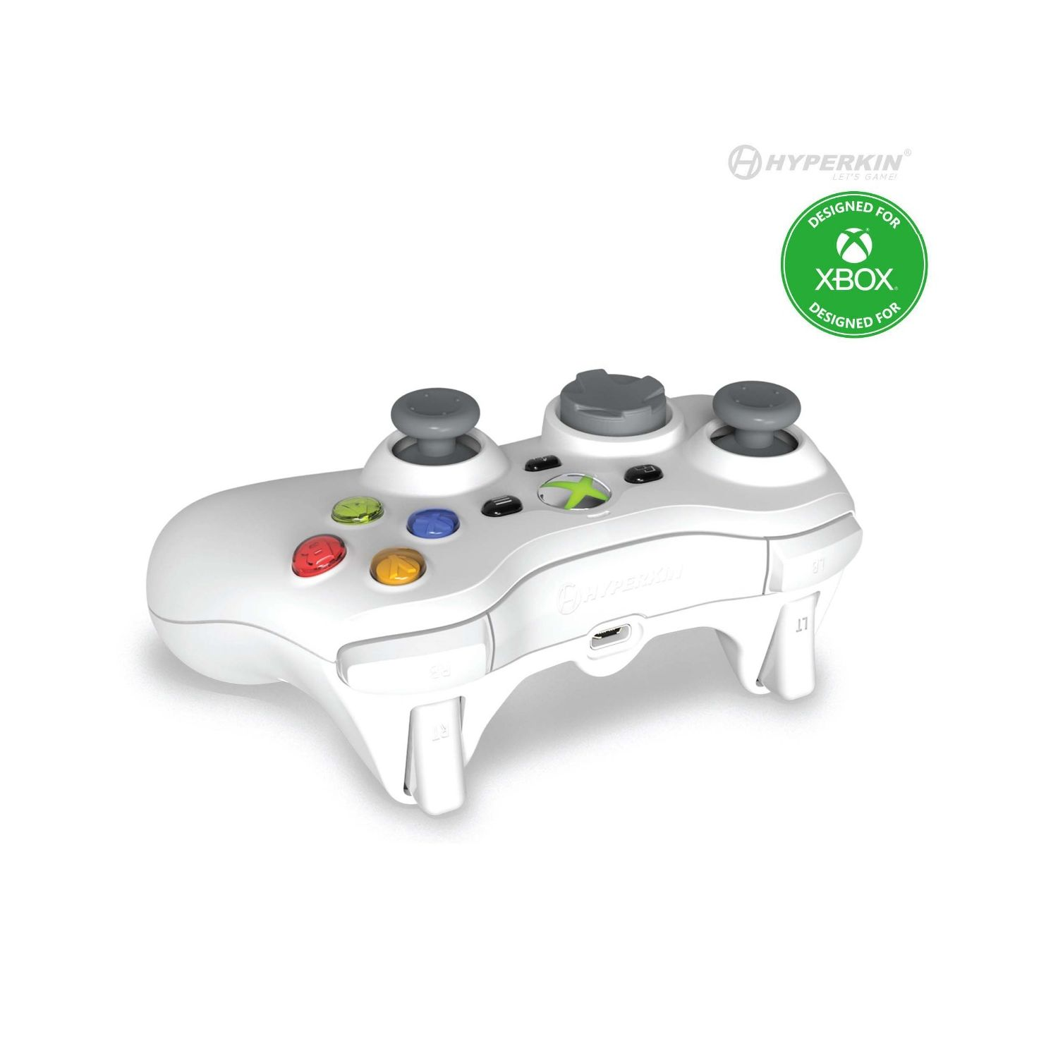 Weißer Xbox-Controller mit grauen Joysticks und farbigen Knöpfen. Mit Hyperkin- und Xbox-Logos. Entwickelt für Xbox.