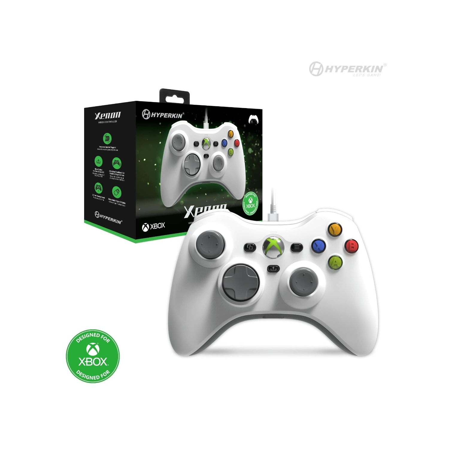 Ein weißer Xbox-Controller mit Hyperkin-Branding auf weißem Hintergrund. Eine Box befindet sich hinter dem Controller.