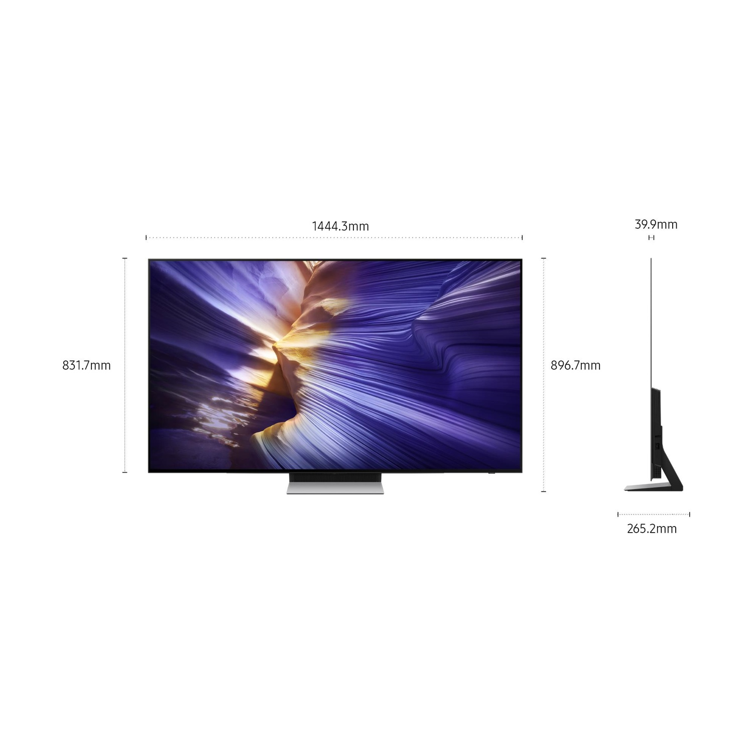 Uno schermo TV con dimensioni. Lo schermo mostra un'immagine astratta viola e bianca. È presente un supporto. Sono indicate anche le dimensioni.