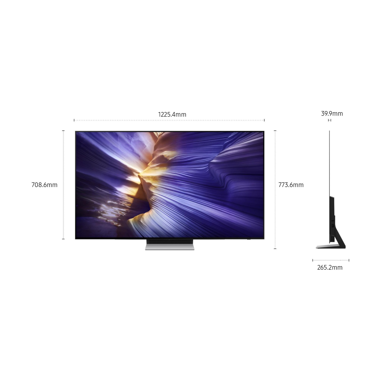 Uno schermo TV mostra un motivo ondulato, viola-giallo. Dimensioni: 1225,4 mm larghezza, 708,6 mm altezza. Vista laterale mostra 773,6 mm di altezza.