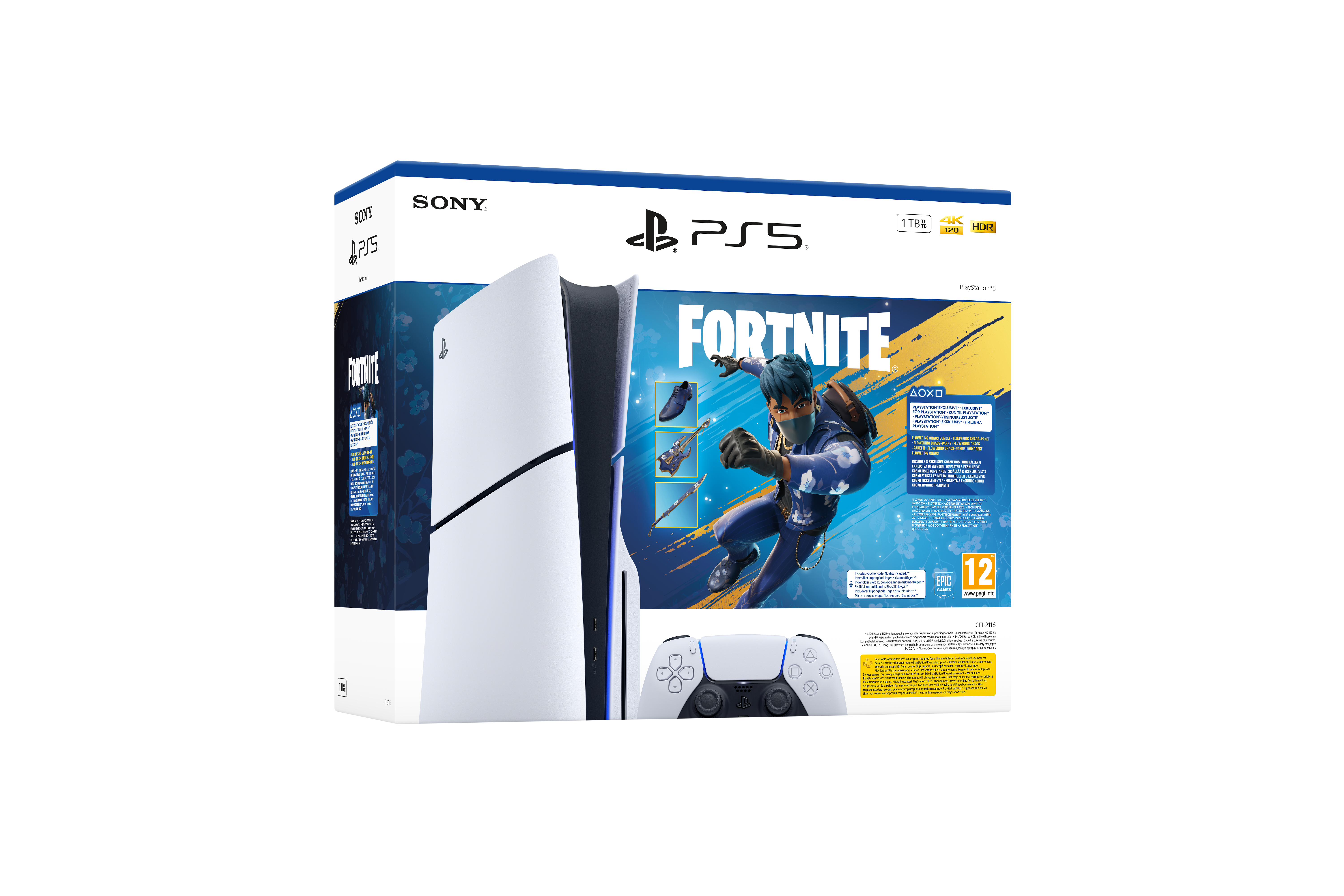 Fortnite oyunu ile PS5 konsol kutusu. Konsol, kontrolcü ve oyun kodu içerir.