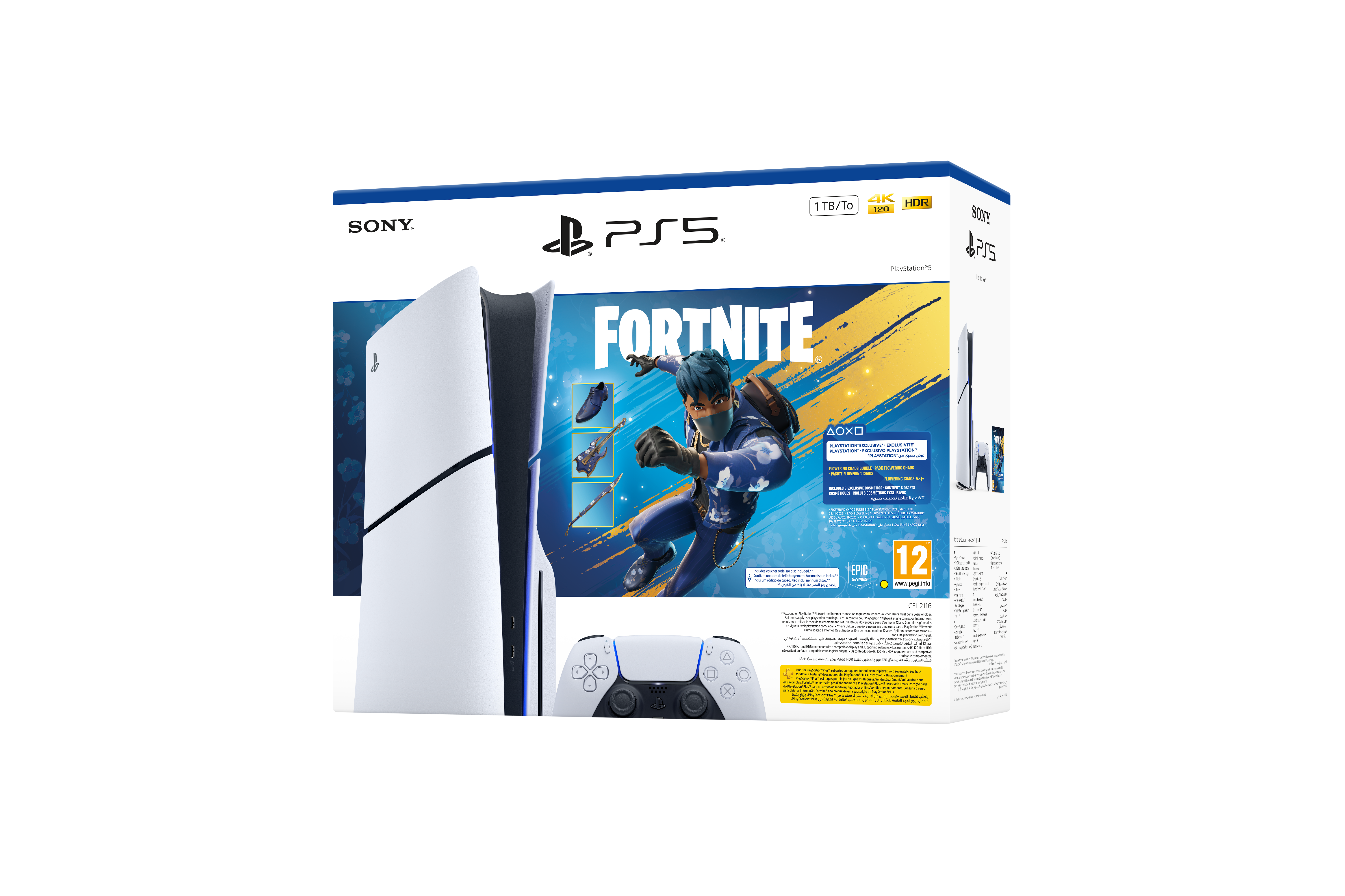 Fortnite oyun sanatına, kontrol cihazına ve oyun detaylarına sahip PS5 konsol kutusu.