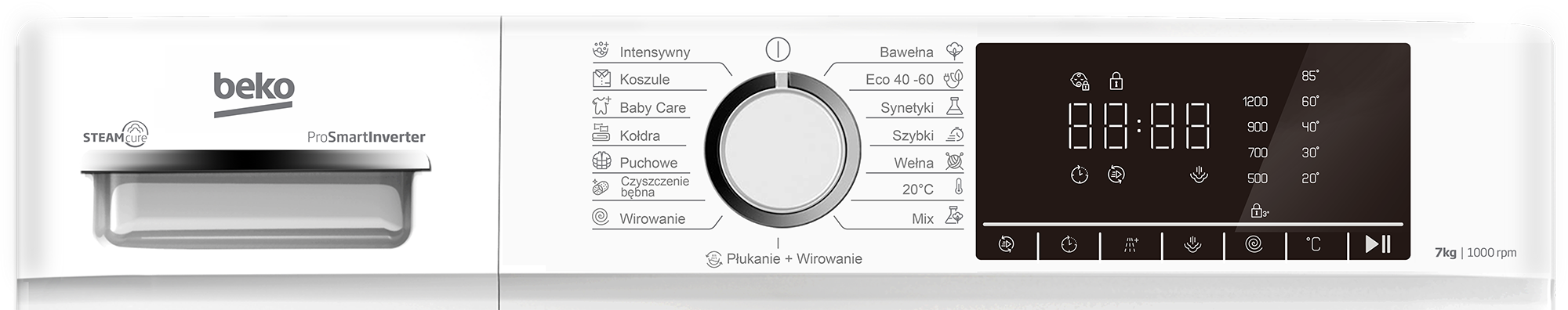 Biały panel sterowania pralki Beko z wyświetlaczem cyfrowym, przyciskami i pokrętłem do wyboru programów prania.