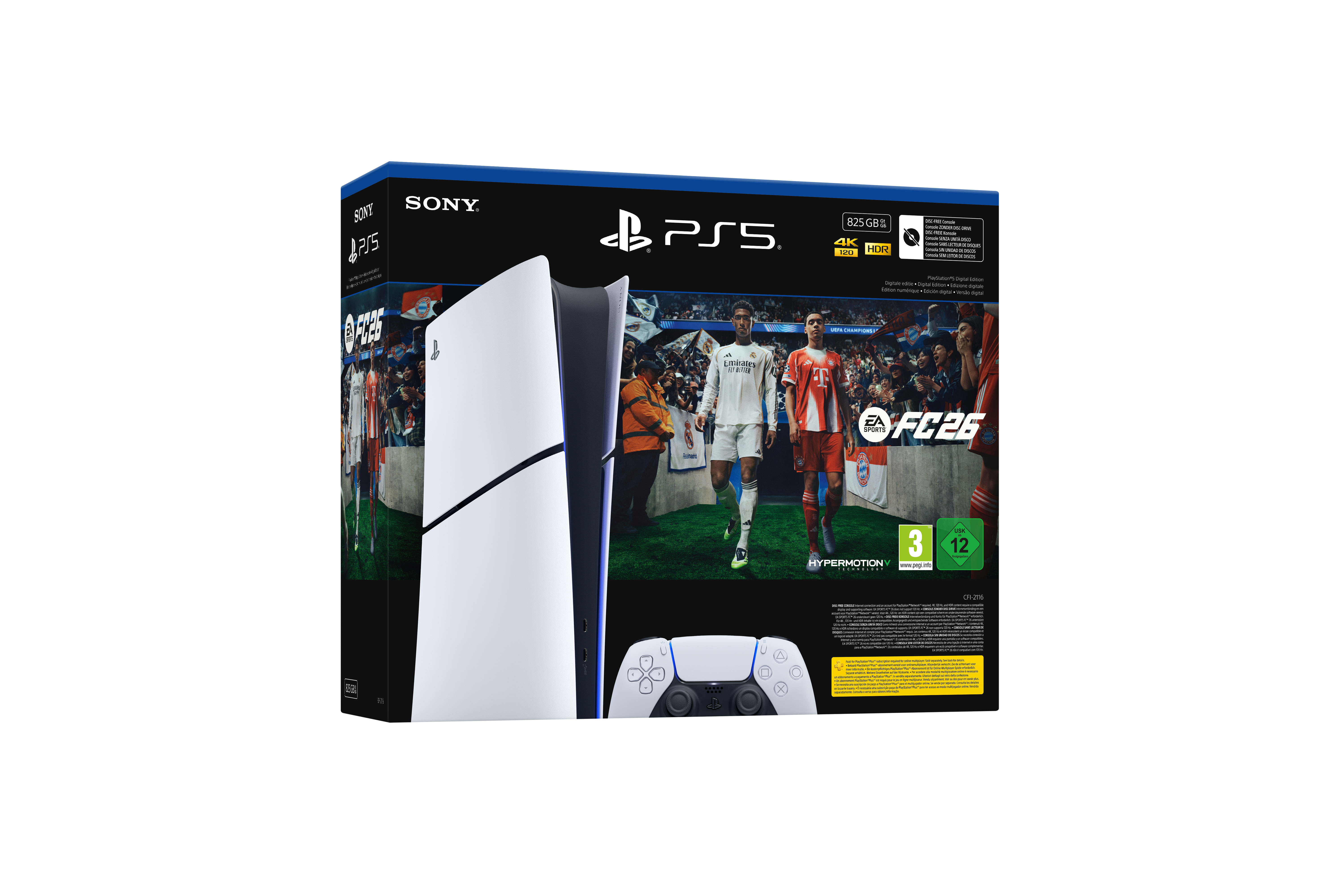 FC26 oyunu, kontrol cihazı ve futbolcu resmi içeren PS5 konsol kutusu.