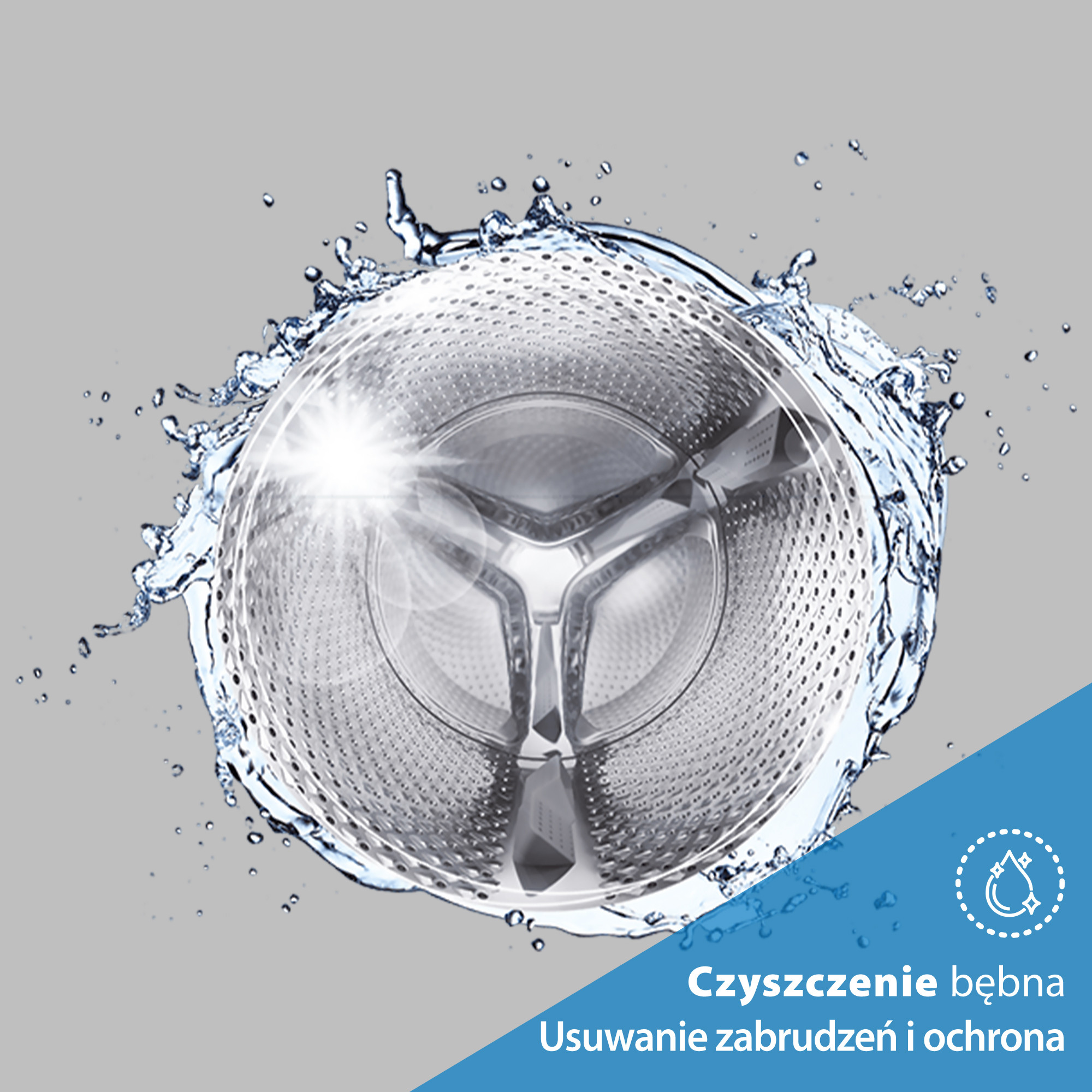 Bęben pralki z rozpryskami wody. Obraz przedstawia proces czyszczenia. Niebieski tekst na dole.