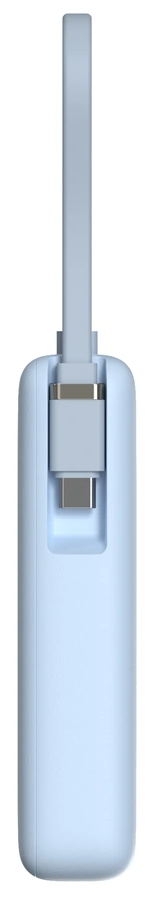 Világoskék USB-C töltőadapter hurokkal. Az adapter USB-C porttal és USB-C csatlakozóval rendelkezik.