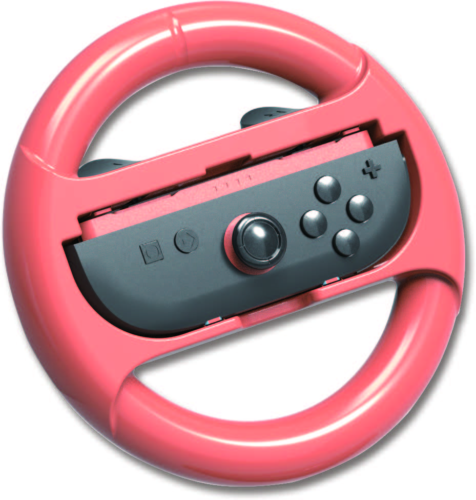 Kierownica w kolorze koralowym z szarą konsolą do gier pośrodku. Kontroler ma przyciski i joystick.