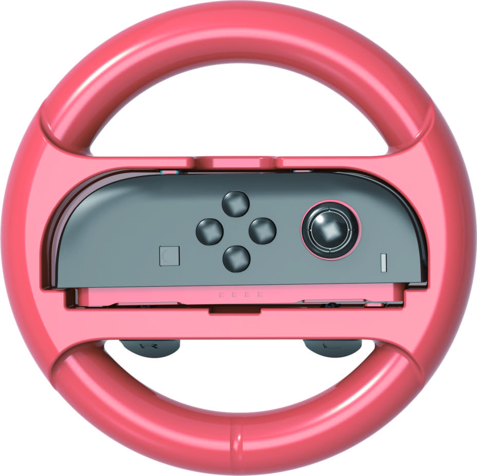Koralowa kierownica do konsoli do gier, z szarym panelem sterowania pośrodku, z przyciskami i joystickiem.