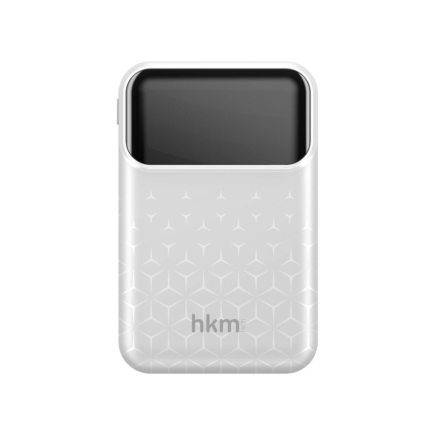 Karanlık ekranlı ve geometrik desenli beyaz, dikdörtgen bir cihaz. 'hkm tech' marka adı altta görülebilir.