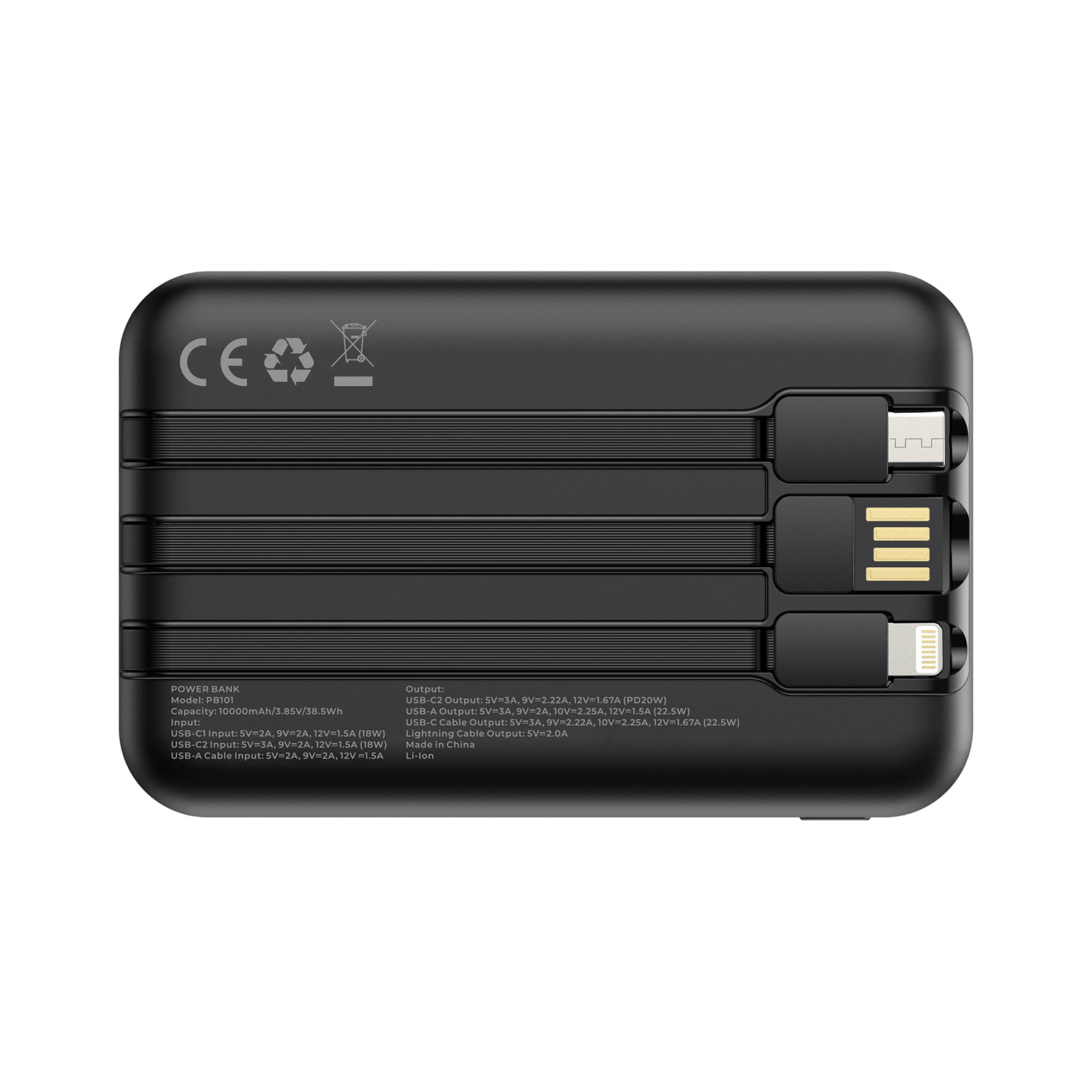 USB-C, USB-A ve Lightning portlu siyah powerbank. Model, kapasite, giriş ve çıkış özelliklerini detaylandıran metin.