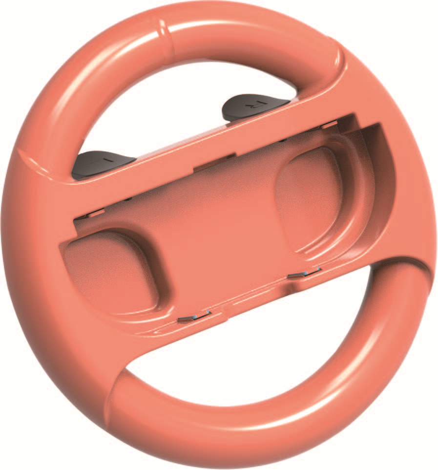 Pomarańczowa kierownica do konsoli do gier, z dwoma czarnymi przyciskami i dwoma otworami na kontroler.