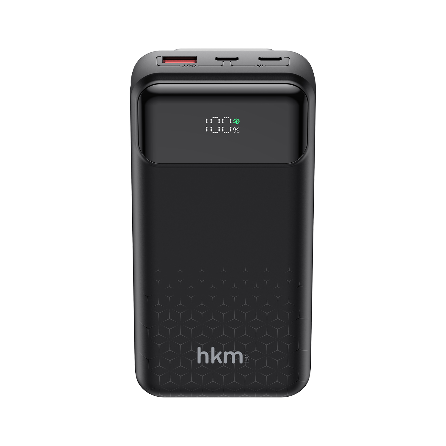 Dijital ekranında %100 gösteren siyah powerbank. Alt kısımda geometrik desen ve 'hkm tech' marka adı bulunmaktadır.