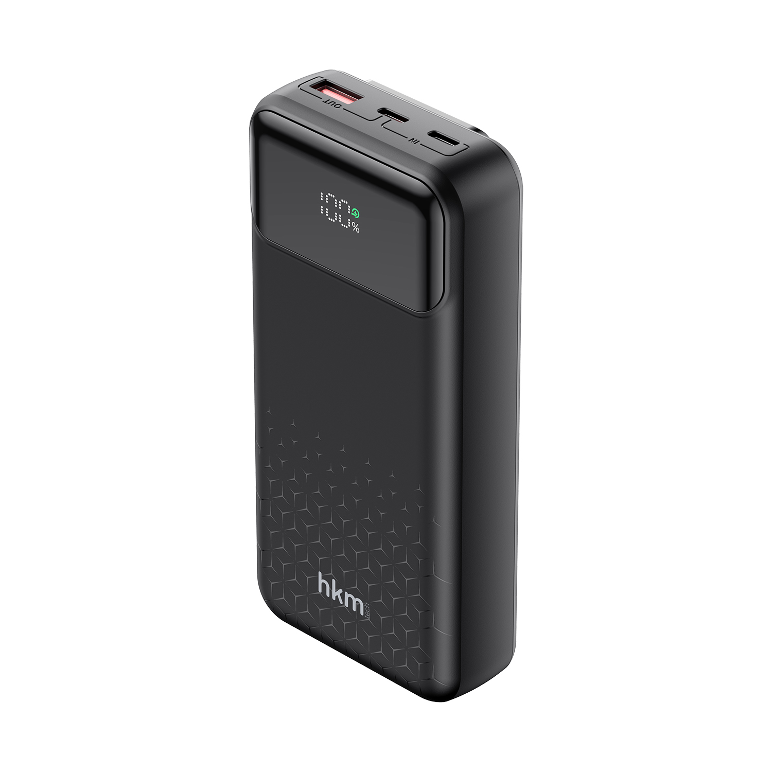 100% gösteren dijital ekranlı siyah bir powerbank. 'OUT' ve 'IN' etiketli bağlantı noktalarına sahip. 'hkm' markası görülebilir.