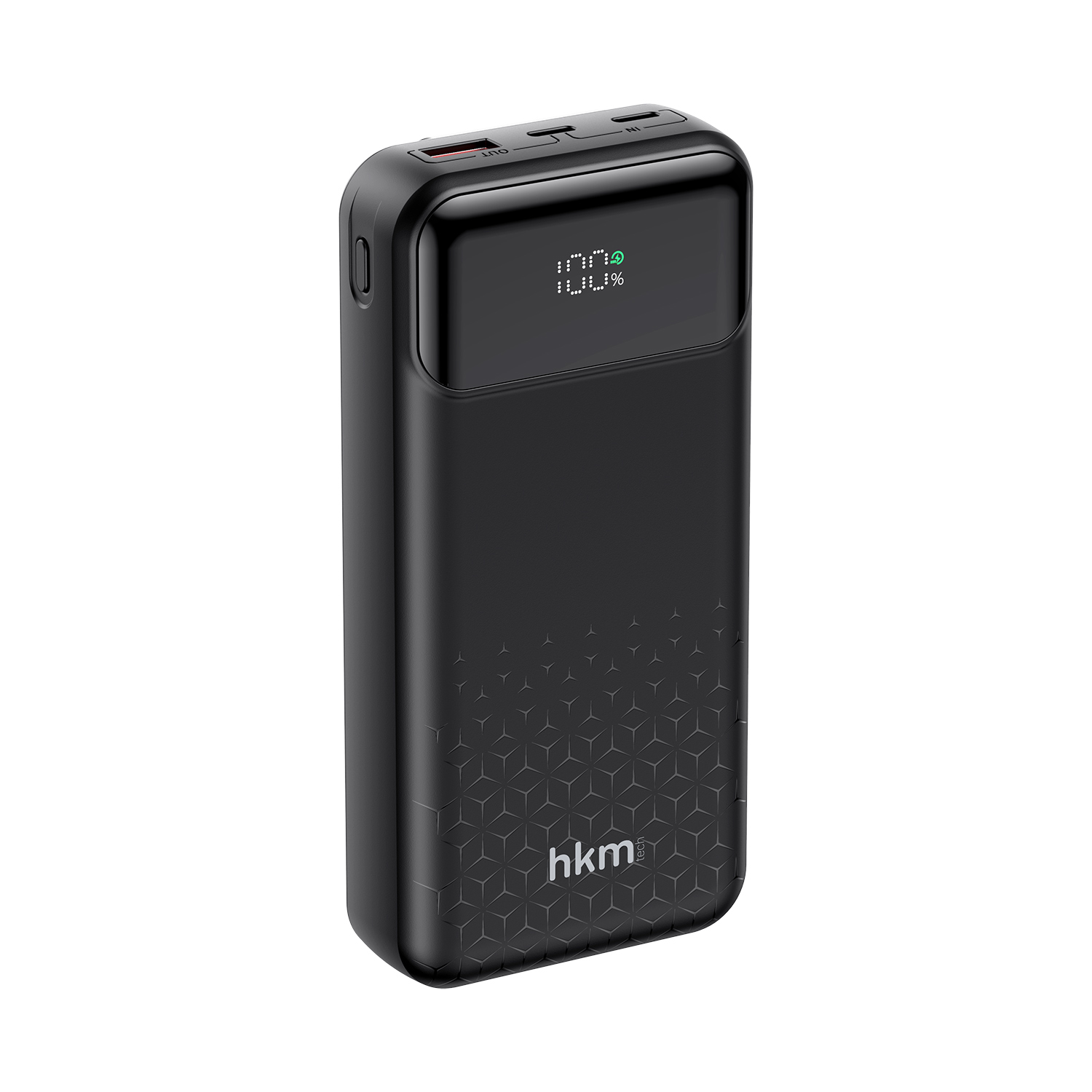 Dijital ekranında %100 gösteren siyah bir powerbank. Dokulu bir tasarıma ve 'hkm tech' markasına sahip.
