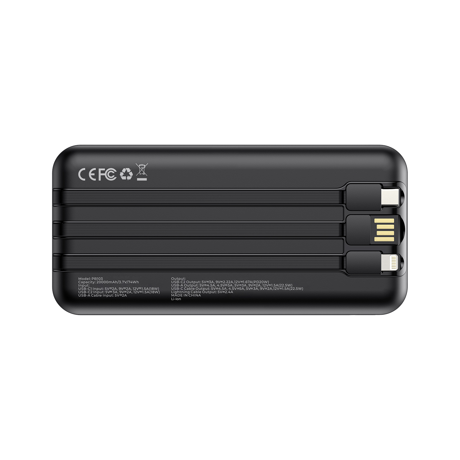 USB-C, USB-A ve Lightning bağlantılarına sahip siyah powerbank. Teknik özellikler metni içerir.