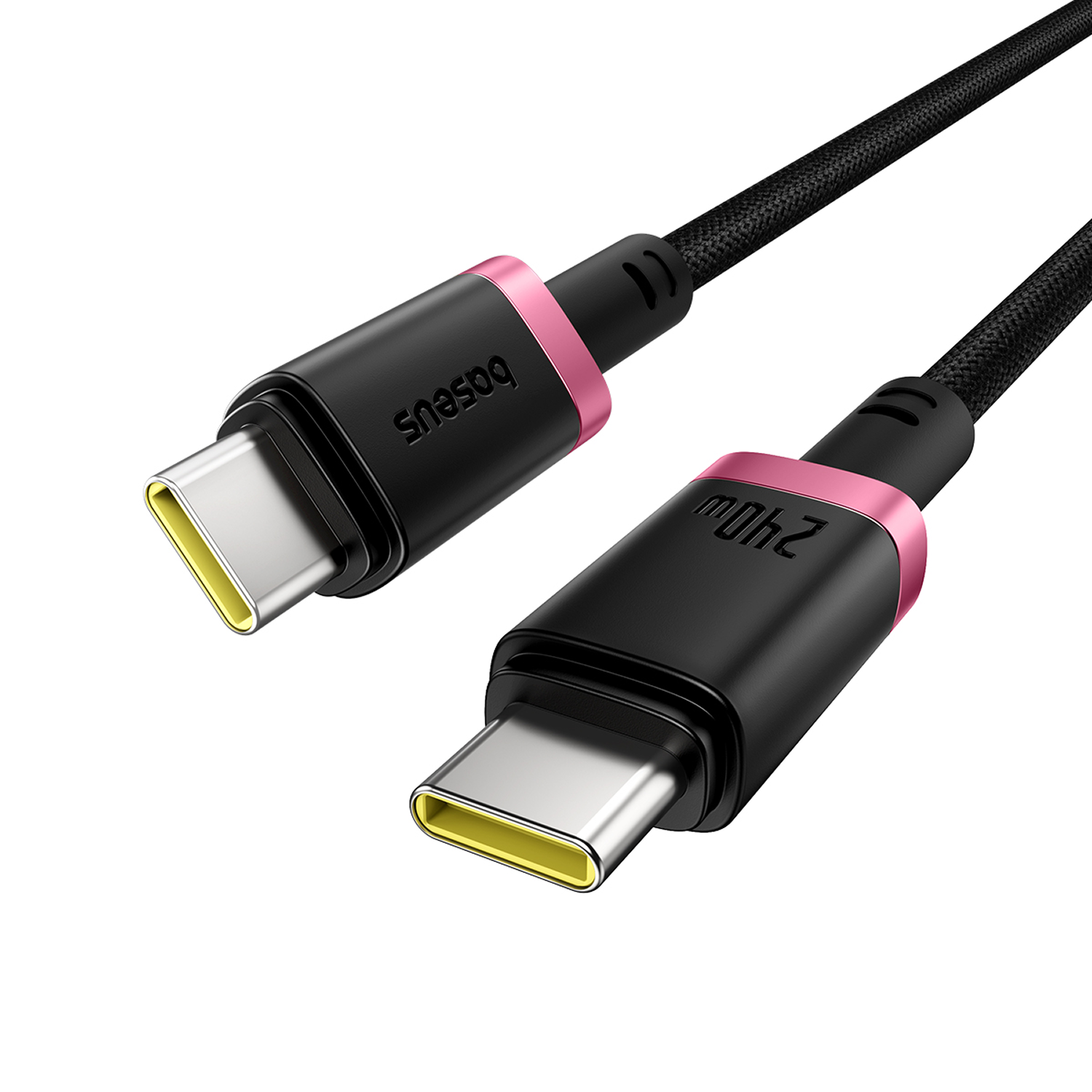 Dos cables USB-C negros con acentos rosas. Los conectores son plateados con interiores amarillos. Un conector muestra la marca, el otro '240W'.
