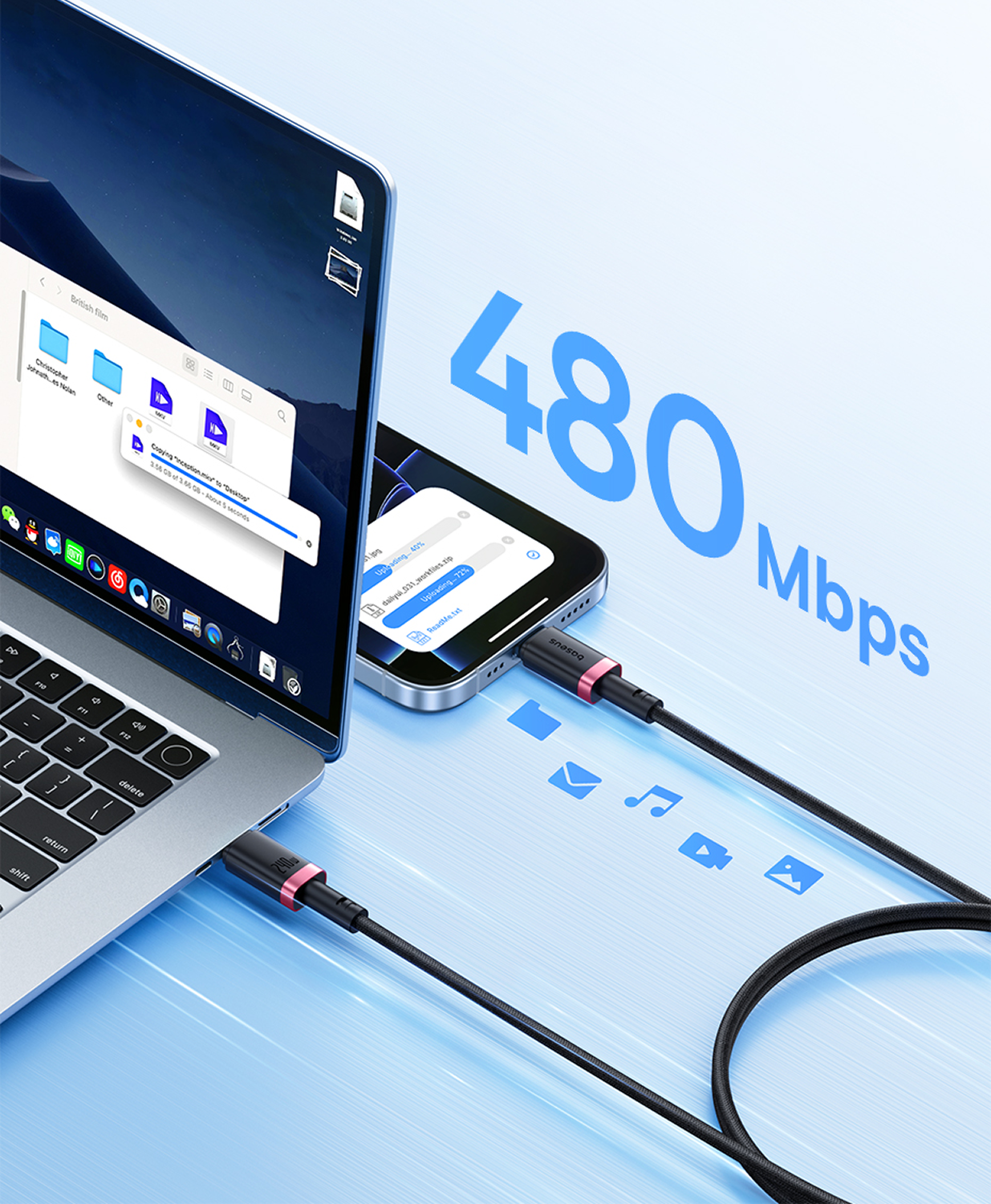 Ordenador portátil y teléfono conectados por cable, mostrando transferencia de archivos. Se muestra el número 480 Mbps, indicando la velocidad de transferencia de datos.