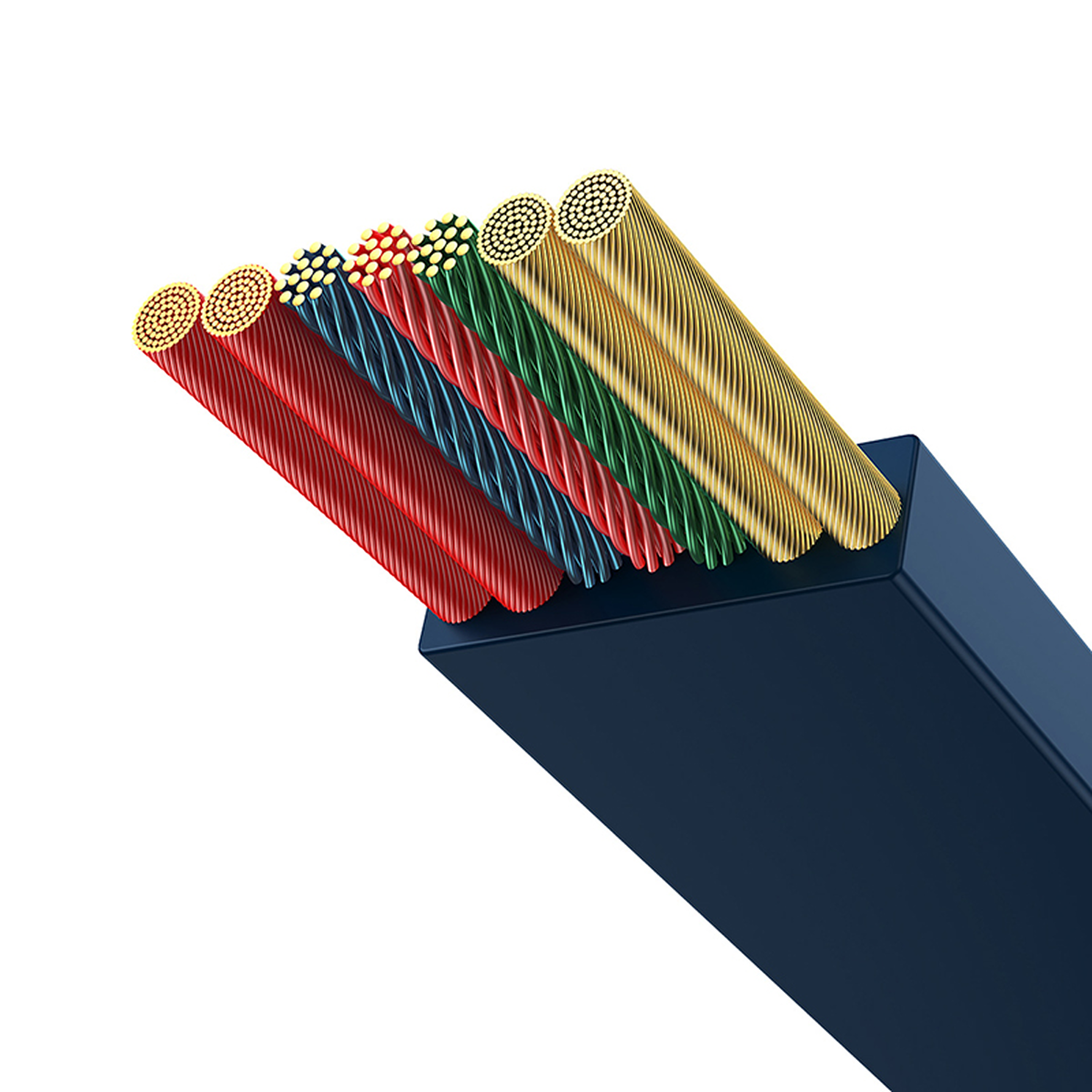 Primer plano de un cable cortado que muestra múltiples cables de colores: rojo, azul, verde y dorado. Los cables salen de un bloque azul oscuro.