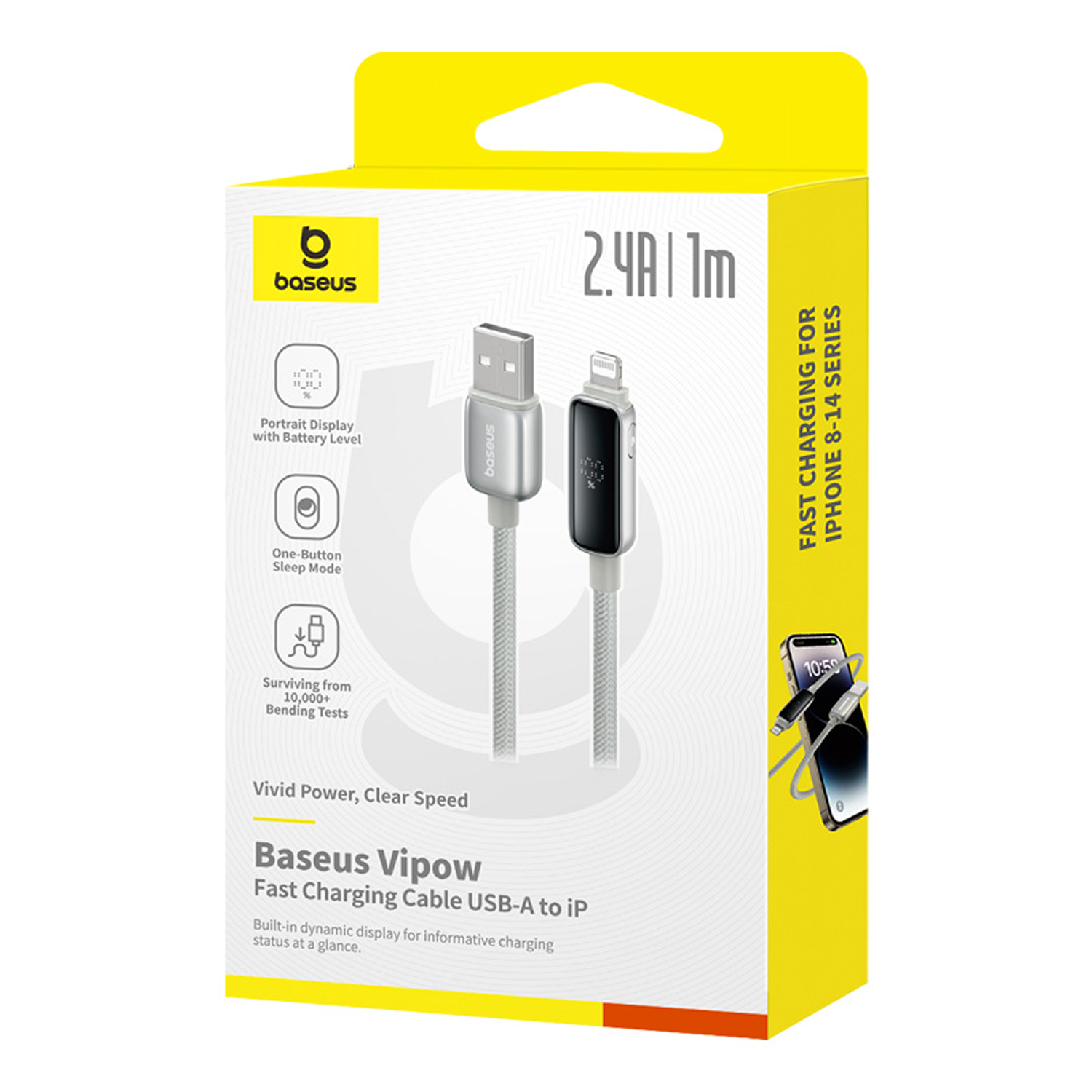 Caja del cable de carga rápida Baseus Vipow. Muestra el cable y el teléfono, con funciones como nivel de batería, modo de suspensión y pruebas de flexión.