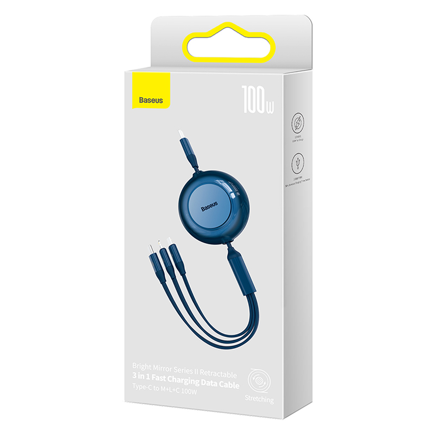 Una caja blanca con un cable de carga retráctil azul. La caja tiene la marca Baseus en amarillo y azul.