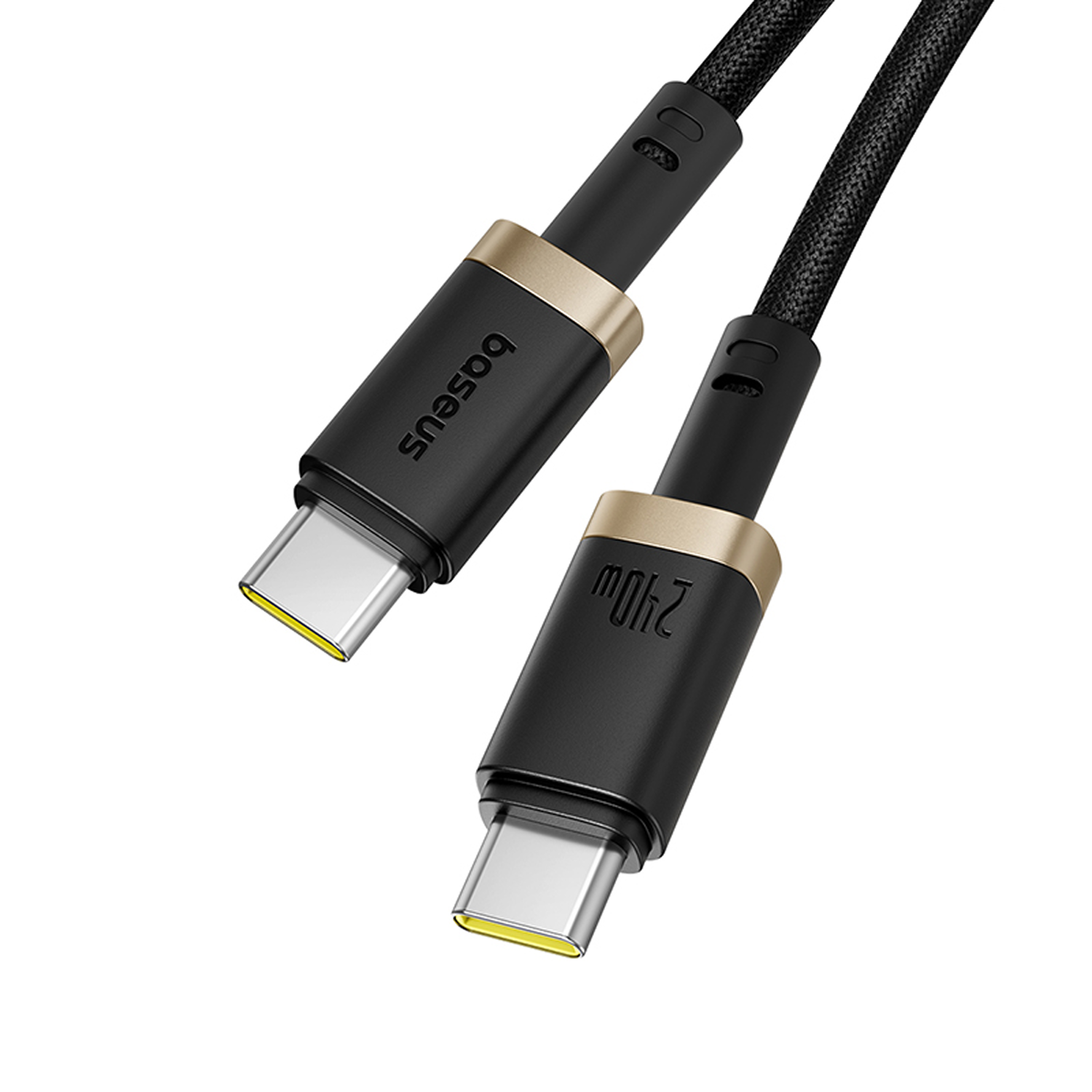 Dos cables USB-C negros con conectores dorados. Uno tiene 'baseus' impreso, el otro lee '240W'.