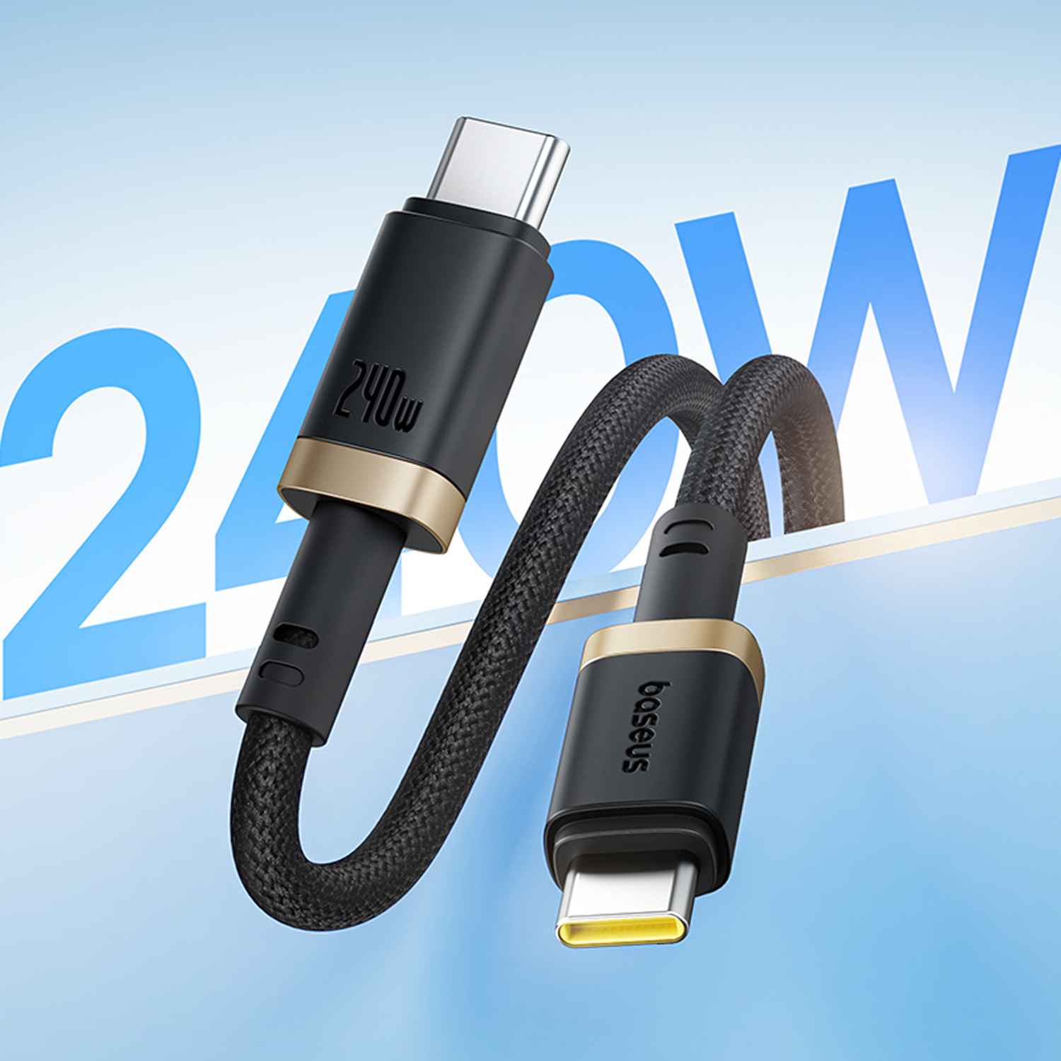 Cable USB-C negro con detalles dorados. El cable es trenzado. El fondo es azul con el texto "240W".