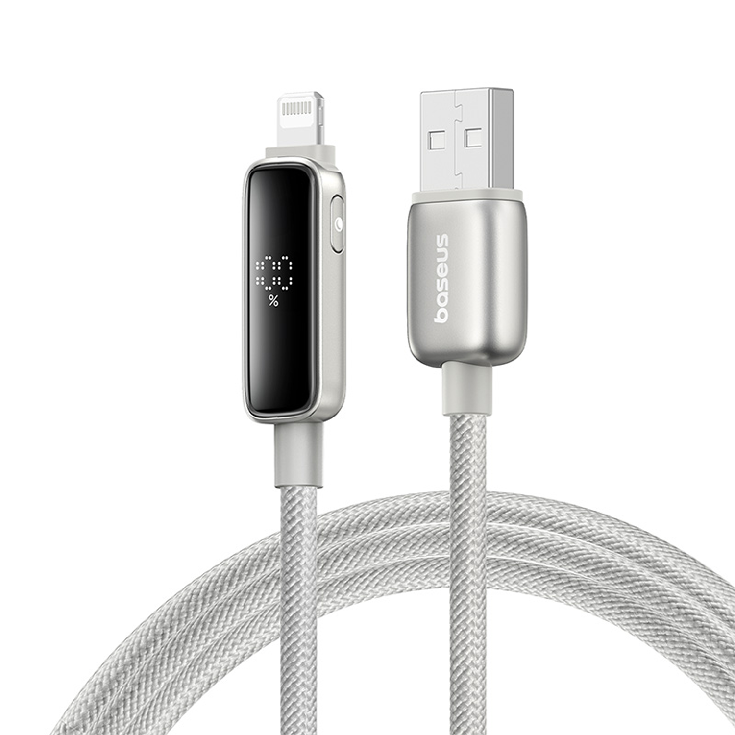 Cable de carga Baseus plateado con pantalla negra que muestra el porcentaje. Conector USB y Lightning con cable trenzado blanco.