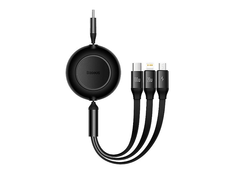 Cable USB - Baseus 3-en-1 Bright Mirror, 100W, retráctil, Carga rápida multidispositivo, USB-C a USB-C-Lightning-Micro, 110 cm, Negro