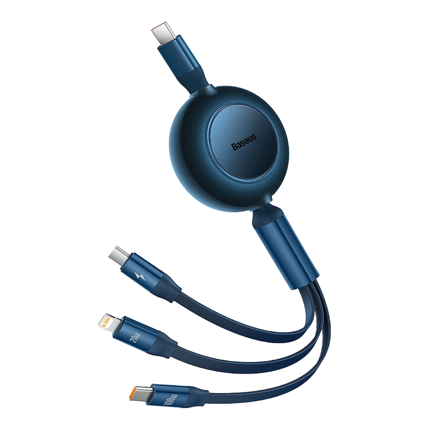 Un cable múltiple Baseus azul, con conectores USB-C, Lightning y USB-A. Los cables son azul oscuro, sobre un fondo negro.