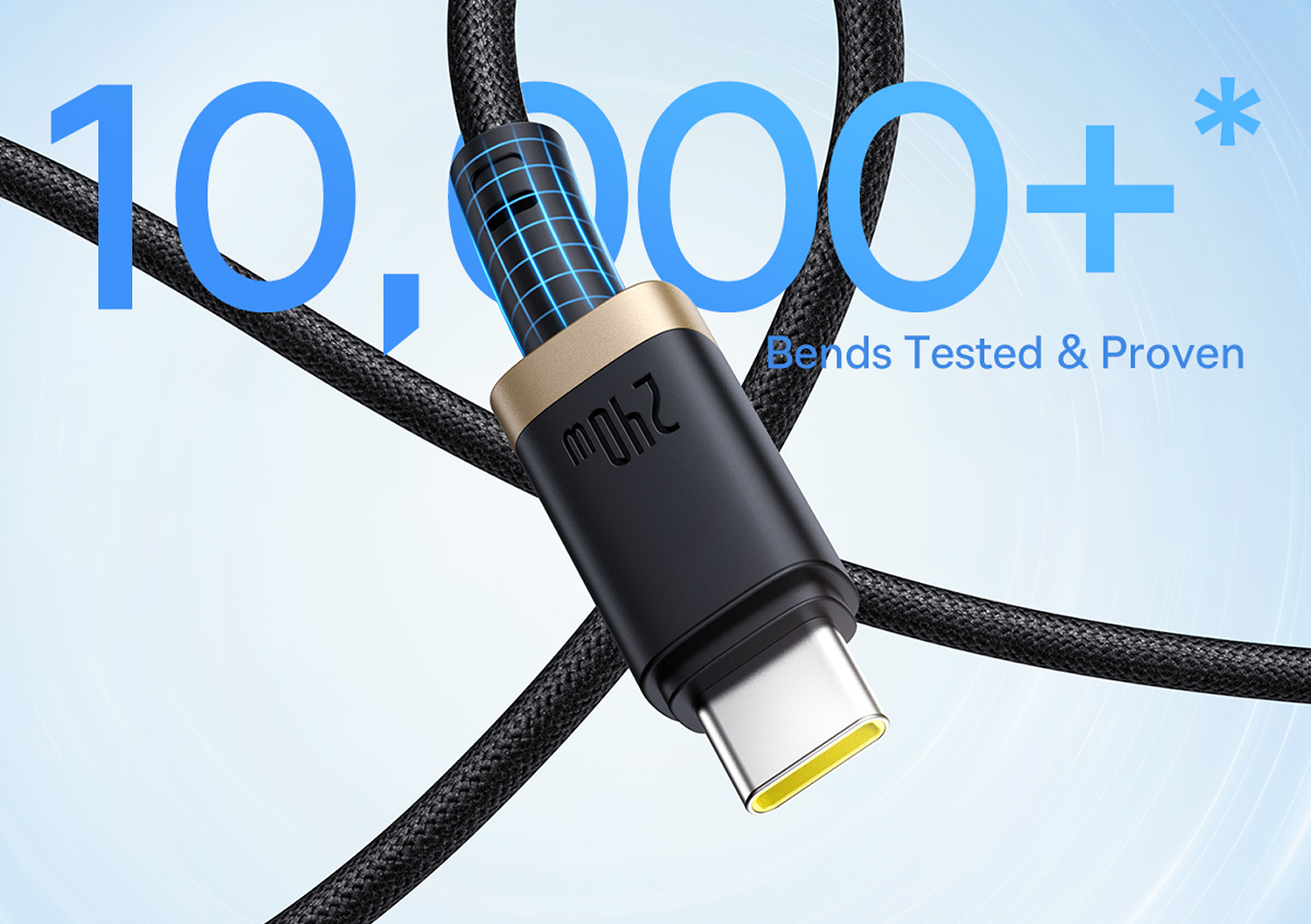 Primer plano de un cable USB-C negro y dorado con una cuadrícula azul, texto '10.000+' y 'Bends Tested & Proven'.