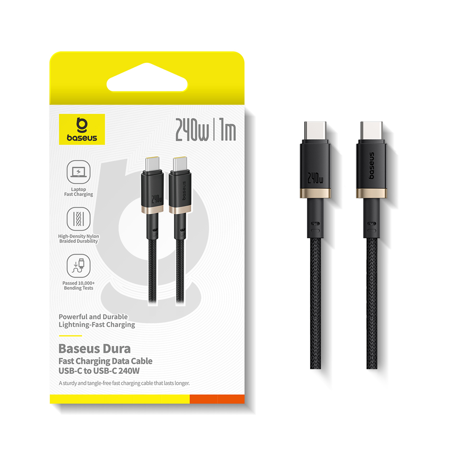 Cable USB-C Baseus Dura. Cable negro con detalles dorados, conectores blancos. El paquete muestra el cable y sus características.