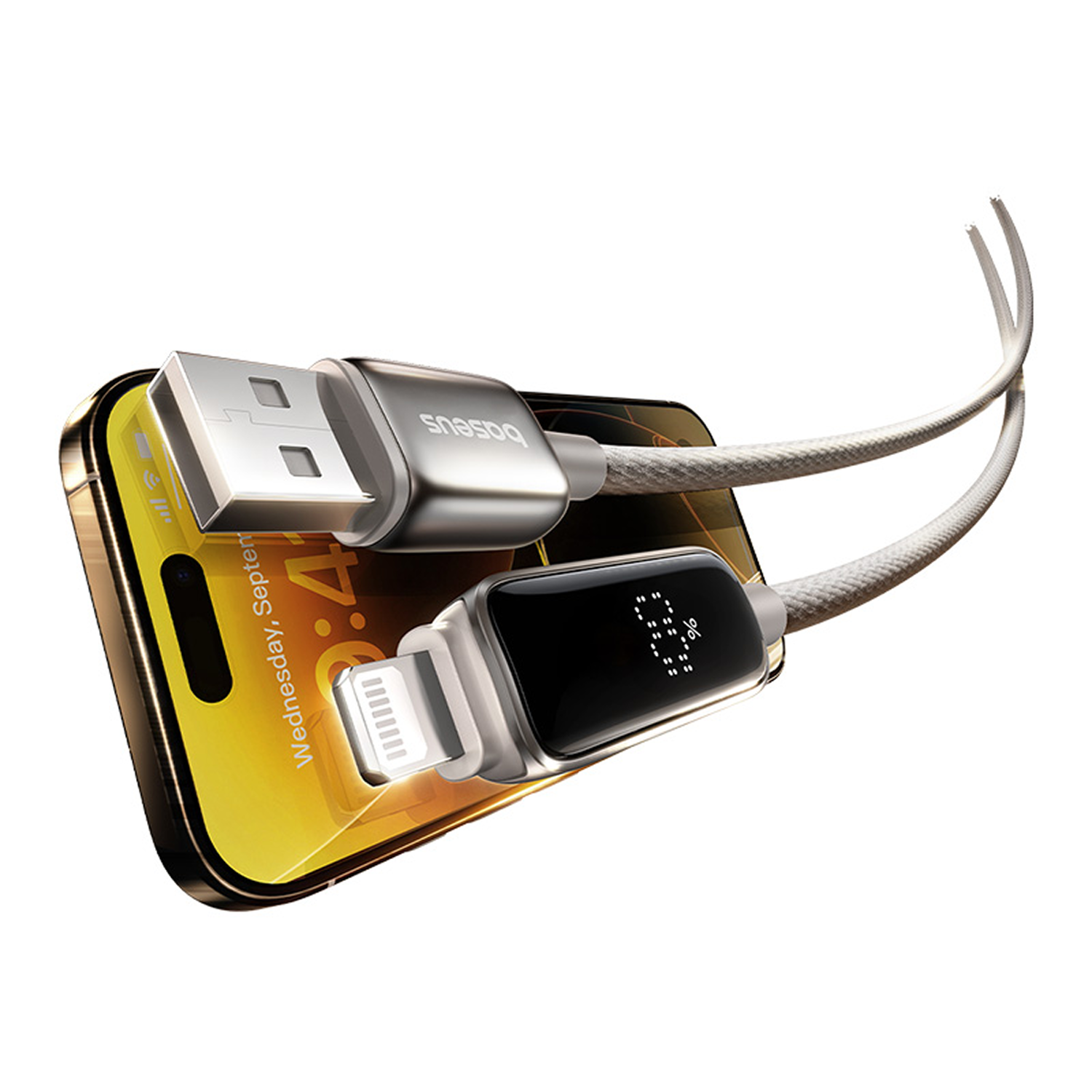 Un teléfono se carga con un cable plateado. El cable tiene un extremo USB y un extremo Lightning, con una pequeña pantalla.