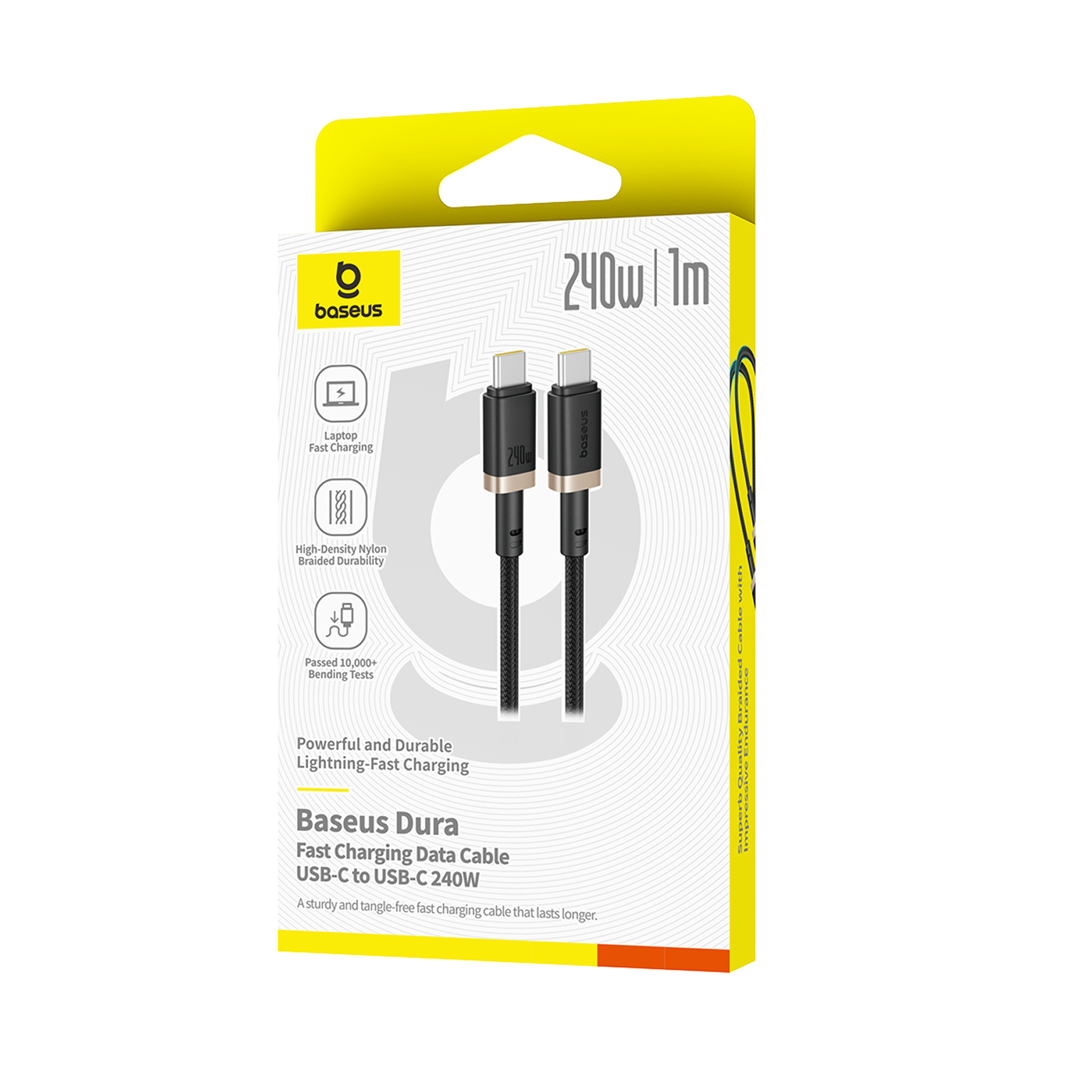 Cable de carga USB-C a USB-C Baseus Dura en una caja amarilla y negra. El cable es negro con conectores dorados.