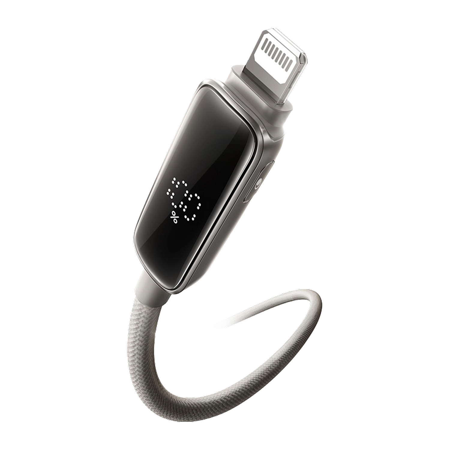 Un cable de carga gris con conector Lightning. Muestra el porcentaje de batería en una pequeña pantalla. El cable está sobre fondo negro.