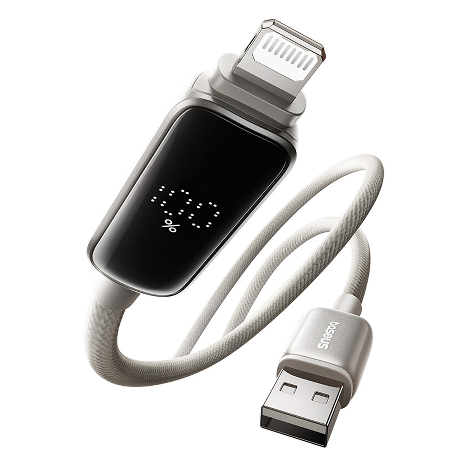 Un cable de carga blanco con conector Lightning y puerto USB. El cable tiene una pantalla que muestra el porcentaje de batería.