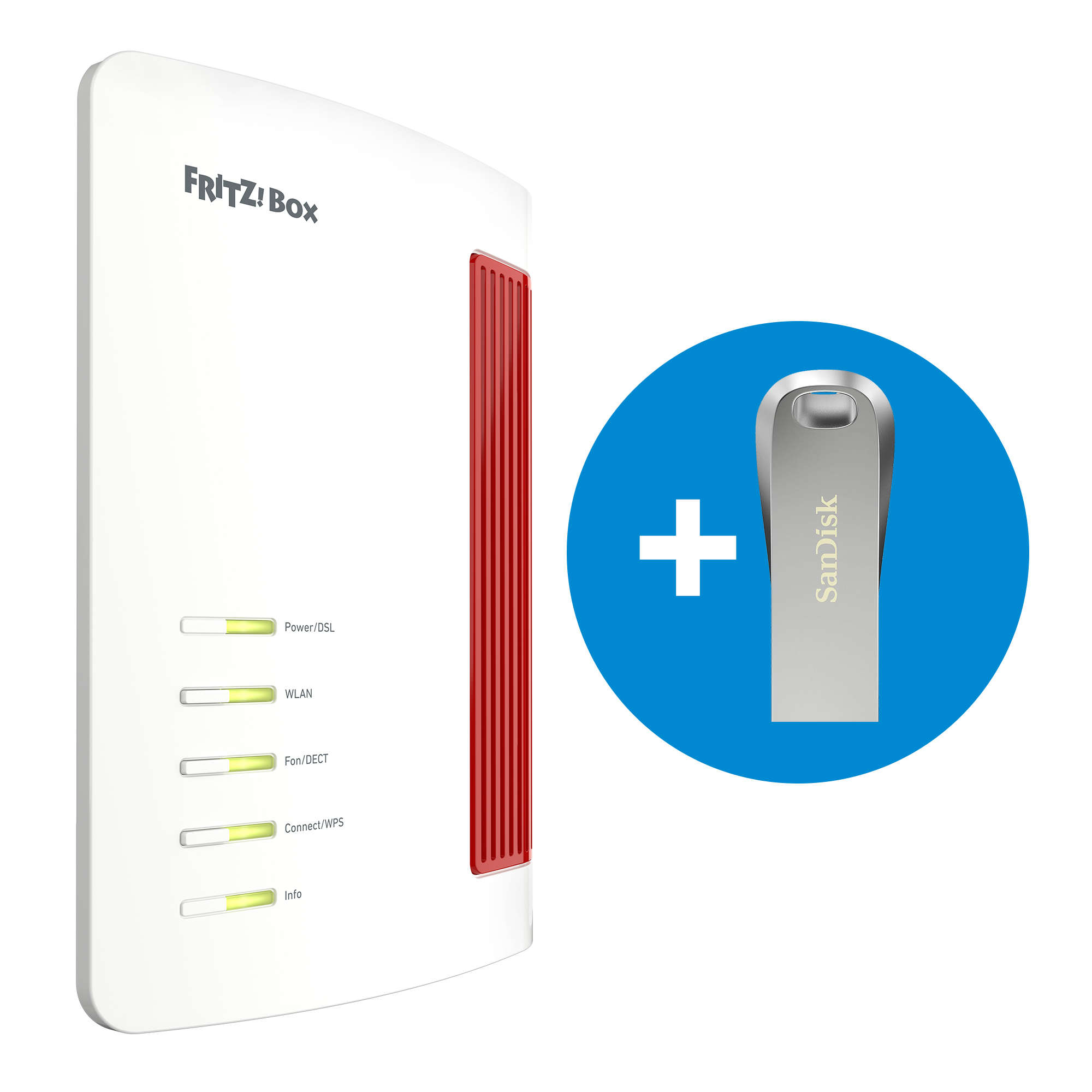 Ein weißer FRITZ!Box-Router mit Kontrollleuchten, roten Akzenten und einem blauen Kreis mit Pluszeichen und SanDisk USB-Stick.
