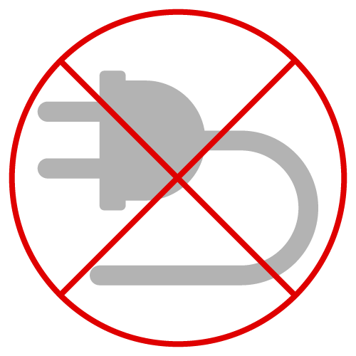 Een rode cirkel met een rode lijn die een grijze stekker kruist, wat geen elektriciteit of een verbod op gebruik aangeeft.